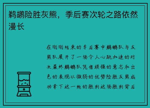 鹈鹕险胜灰熊，季后赛次轮之路依然漫长